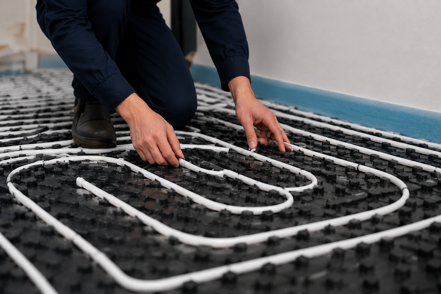 Underfloor heating installation with pipes laid out on floor during retrofit